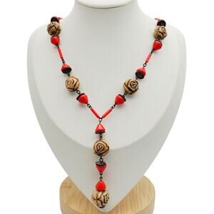 Deco Czech Glass Bead Necklace Lavaliere Red Brown Rose Neiger Egyptian Revival